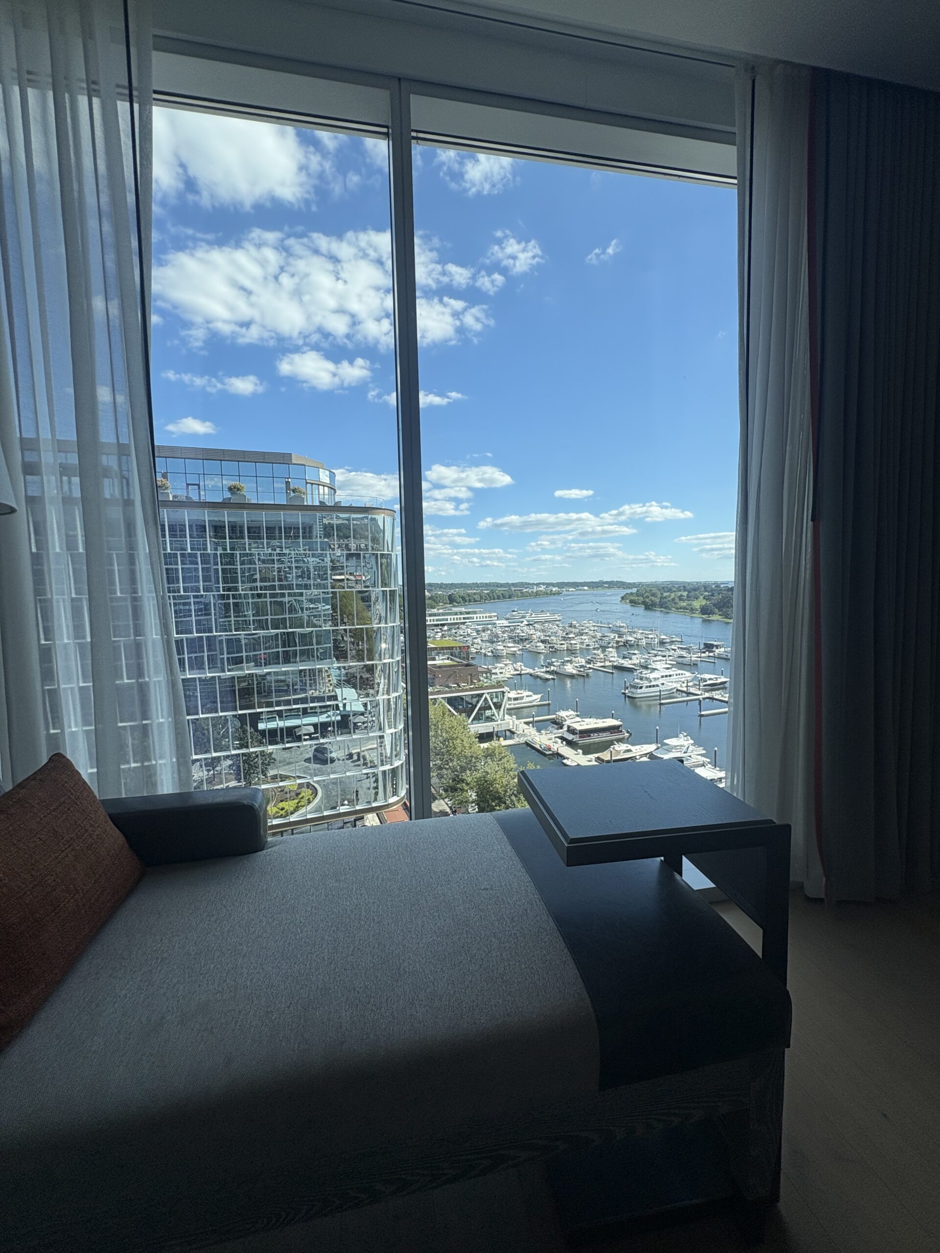 Marina and Potomac River view from a guest room window at Canopy by Hilton Washington DC The Wharf