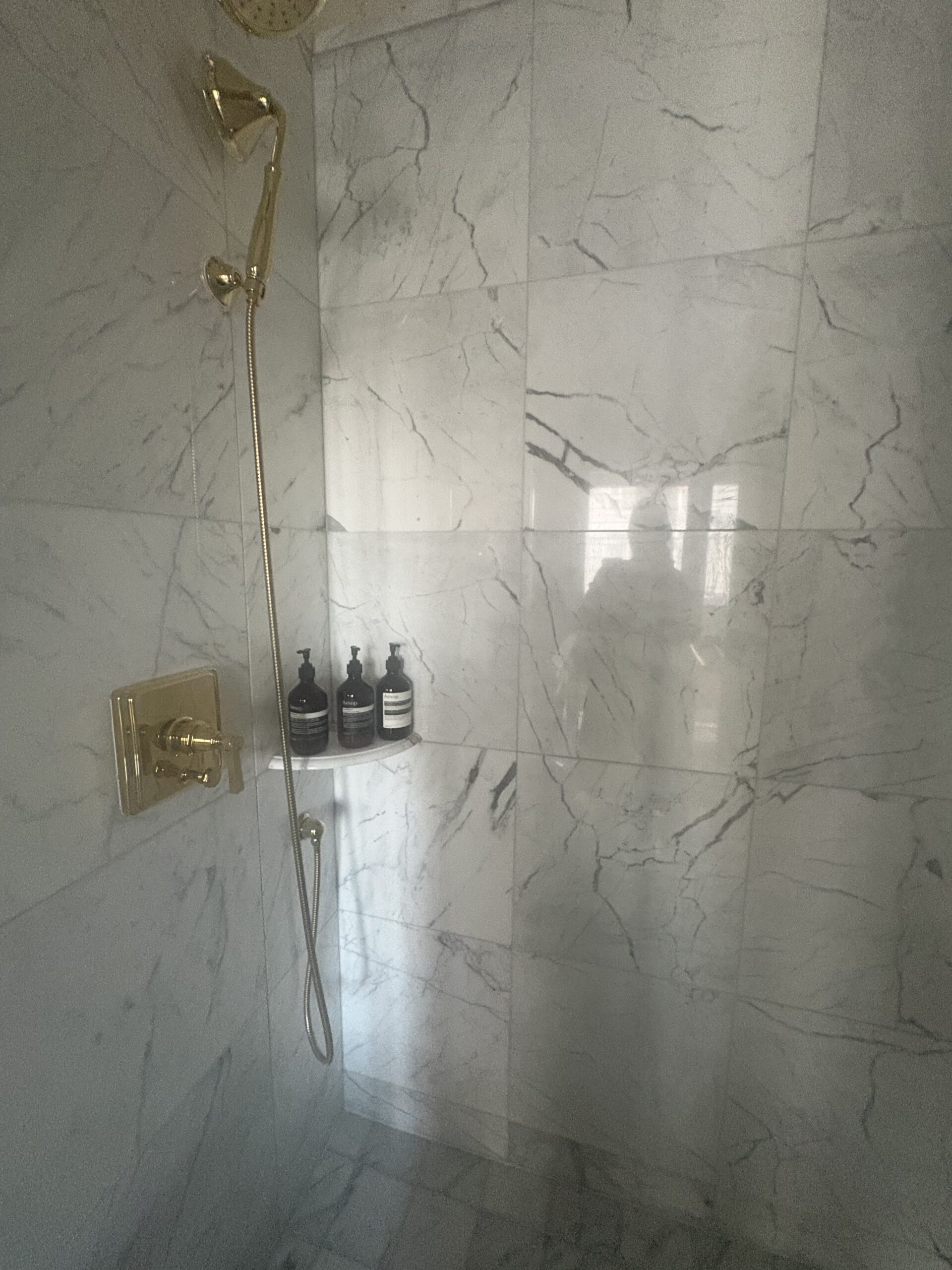 Walk-in marble shower with brass fixtures and Aesop amenities at Waldorf Astoria Washington DC